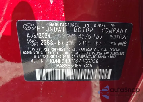 2025 Hyundai Sonata Sel from USA, damaged, VIN KMHL34JJ6SA106836
